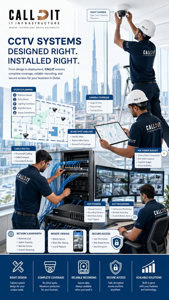 CALLIT IT INFRASTRUCTURE CCTV installation and NVR design in Dubai with camera coverage study, PoE power planning, cable distance calculation, static IP cameras, dedicated firewall port, CCTV network segmentation, remote monitoring, secure recording, and structured cabling