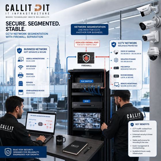 CALLIT IT INFRASTRUCTURE CCTV network segmentation in Dubai with dedicated firewall port, separated CCTV IP range, static IP cameras, PoE switch, NVR recording, remote monitoring, and secure firewall separation