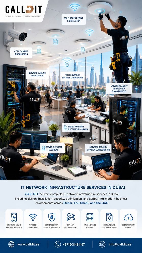 CALLIT IT INFRASTRUCTURE designing, installing, securing, and optimizing IT network infrastructure services in Dubai for the full technology backbone of modern businesses, including structured cabling, Wi-Fi design, access point installation, network cabinet setup, switch configuration, CCTV camera installation, server and storage solutions, digital archiving, document scanning, and on-site IT network support