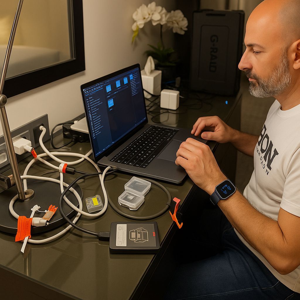 Fadi Helou performing on-site DIT media backup in Dubai using G-RAID and SSDs – Digital Imaging Technician and IT specialist at CALLIT IT INFRASTRUCTURE
