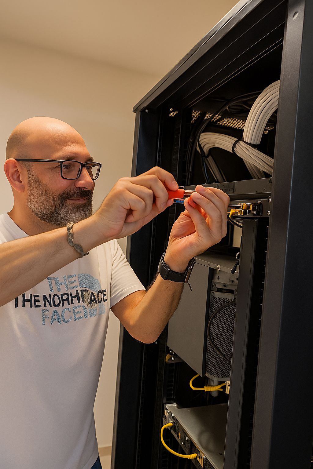 Fadi Helou installing network switch in Dubai server rack – CALLIT IT INFRASTRUCTURE founder and network infrastructure specialist
