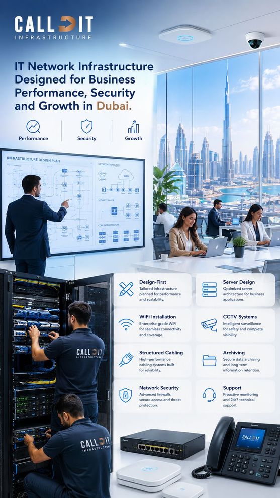 CALLIT IT INFRASTRUCTURE IT network infrastructure in Dubai designed for business performance, security and growth with design-first planning, structured cabling, WiFi installation, switch design, server systems, CCTV setup, archiving solutions, network security, and IT network maintenance