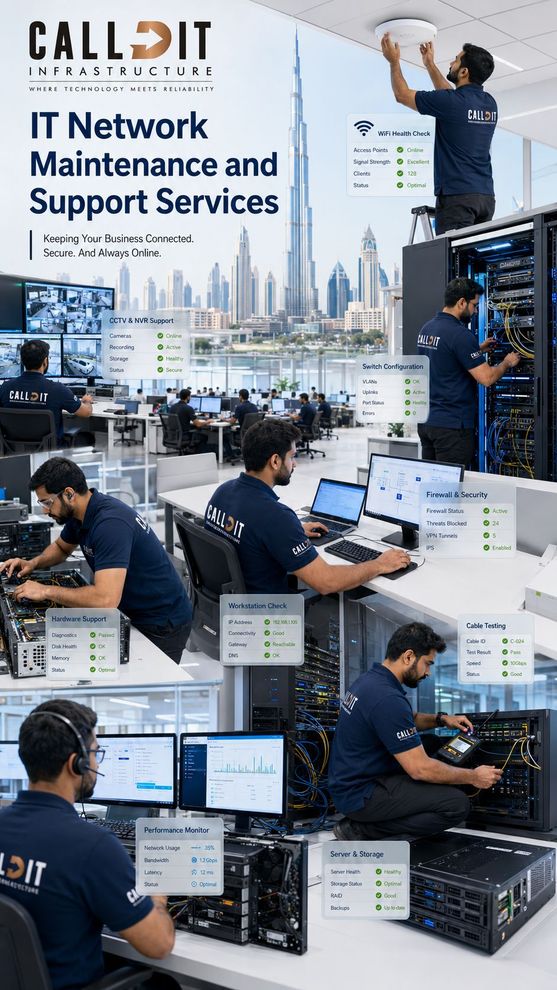 CALLIT IT INFRASTRUCTURE IT network maintenance and support services in Dubai and UAE including network troubleshooting, WiFi support, server and storage support, CCTV and NVR support, laptop and desktop hardware support, connectivity checks, switch configuration review, firewall connectivity, cable testing, and business IT infrastructure maintenance