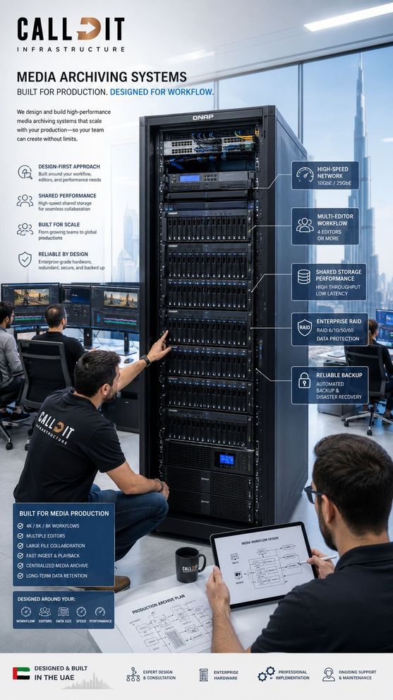 CALLIT IT INFRASTRUCTURE media archiving system design in Dubai for production companies with QNAP server storage, 42U rack cabinet, secure media workflow, organized project storage, backup planning, and high-speed data access
