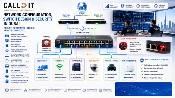 CALLIT IT INFRASTRUCTURE network configuration, switch design and security in Dubai with firewall segmentation, managed switches, MAC address Access Control Lists, backup link to main router, loop protection, port security, LACP aggregation, PoE planning, device separation, testing, and documentation