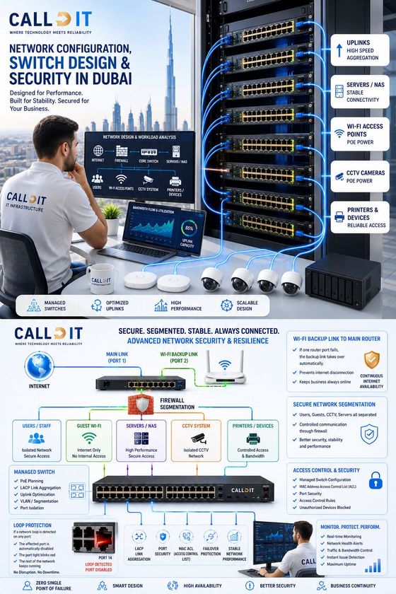 CALLIT IT INFRASTRUCTURE network configuration, switch design and security in Dubai with managed switches, MAC address Access Control Lists, port security, firewall segmentation, backup link to main router, loop protection, LACP aggregation, uplink optimization, PoE planning, and business continuity