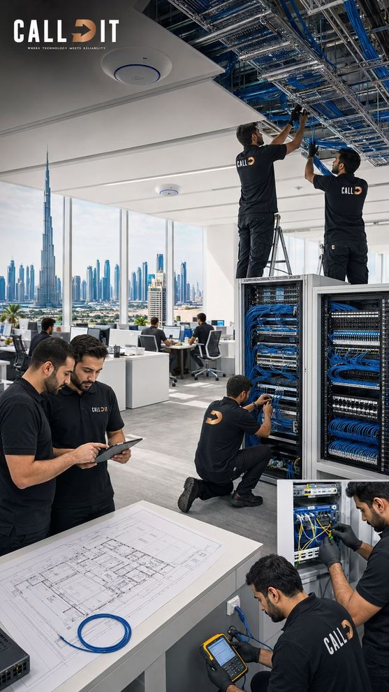 CALLIT IT INFRASTRUCTURE providing network installation and structured cabling in Dubai by first studying the business environment, daily workflow, number of users, device locations, data requirements, Wi-Fi coverage needs, CCTV points, server access, storage usage, and future expansion plans before design, cable category selection, fiber optic planning, installation, termination, labeling, testing, and full infrastructure implementation