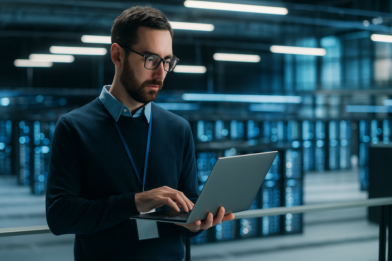 Professional IT network infrastructure technician working in a modern Dubai office environment, representing on-site support services by CALLIT IT INFRASTRUCTURE.