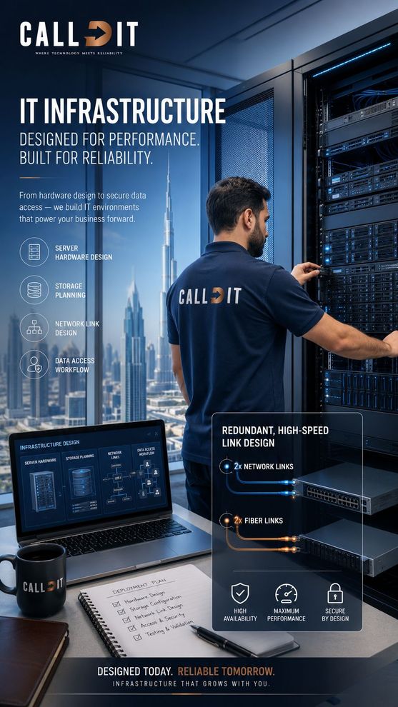 CALLIT IT INFRASTRUCTURE server installation, hardware design and data access in Dubai with processor, RAM, network card speed, SSD storage capacity, RAID structure, network links, fiber links, user access, backup planning, and secure business data workflow