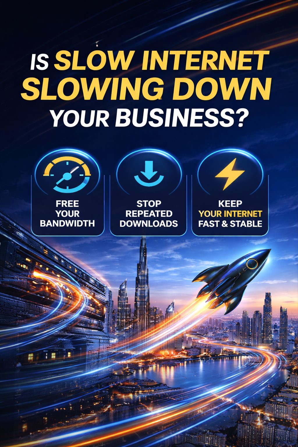 Slow internet in Dubai office affecting business performance, solved with a fast bandwidth solution that improves internet speed and stability for companies