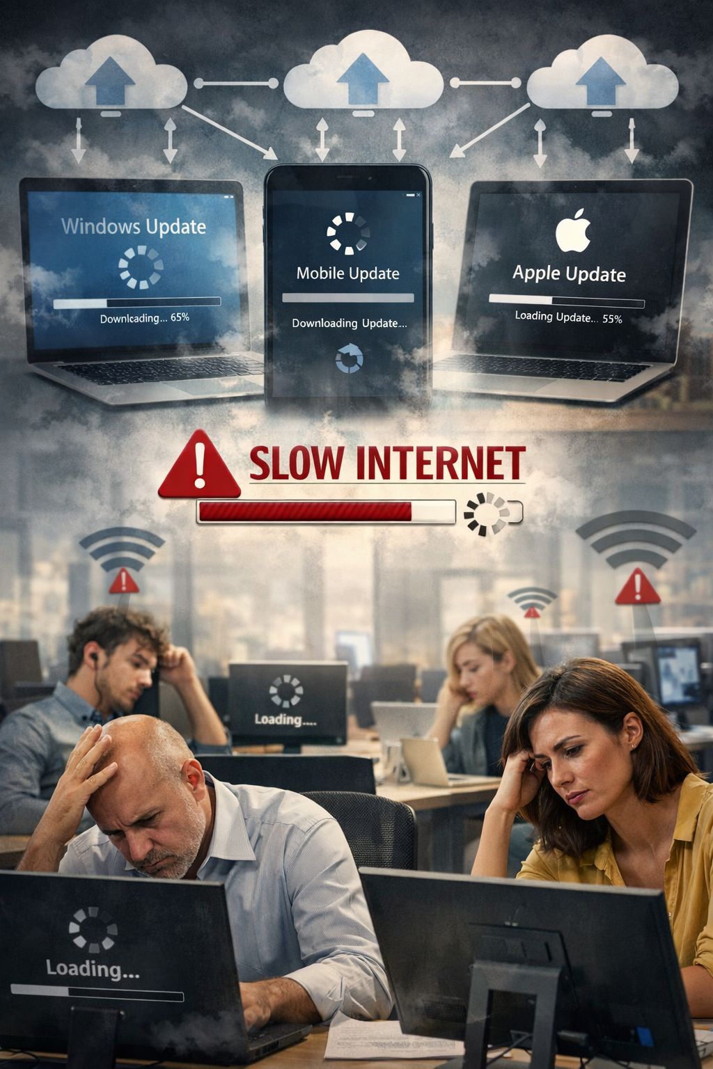 Slow internet in Dubai office caused by multiple Windows, Apple, and mobile updates consuming bandwidth and slowing business operations
