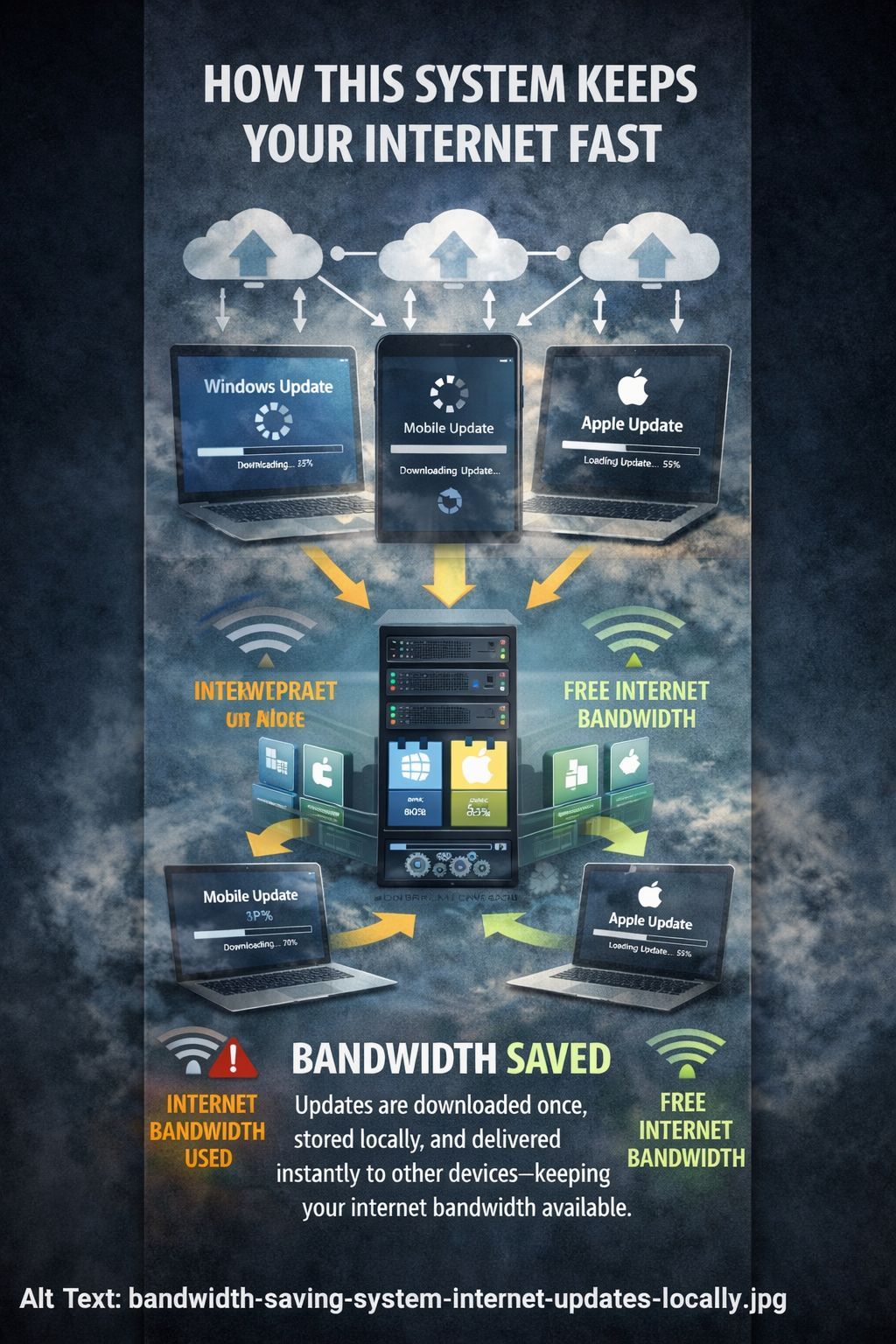 Slow internet in Dubai office caused by repeated Windows, Apple, and mobile updates consuming bandwidth, solved by local system delivering updates instantly