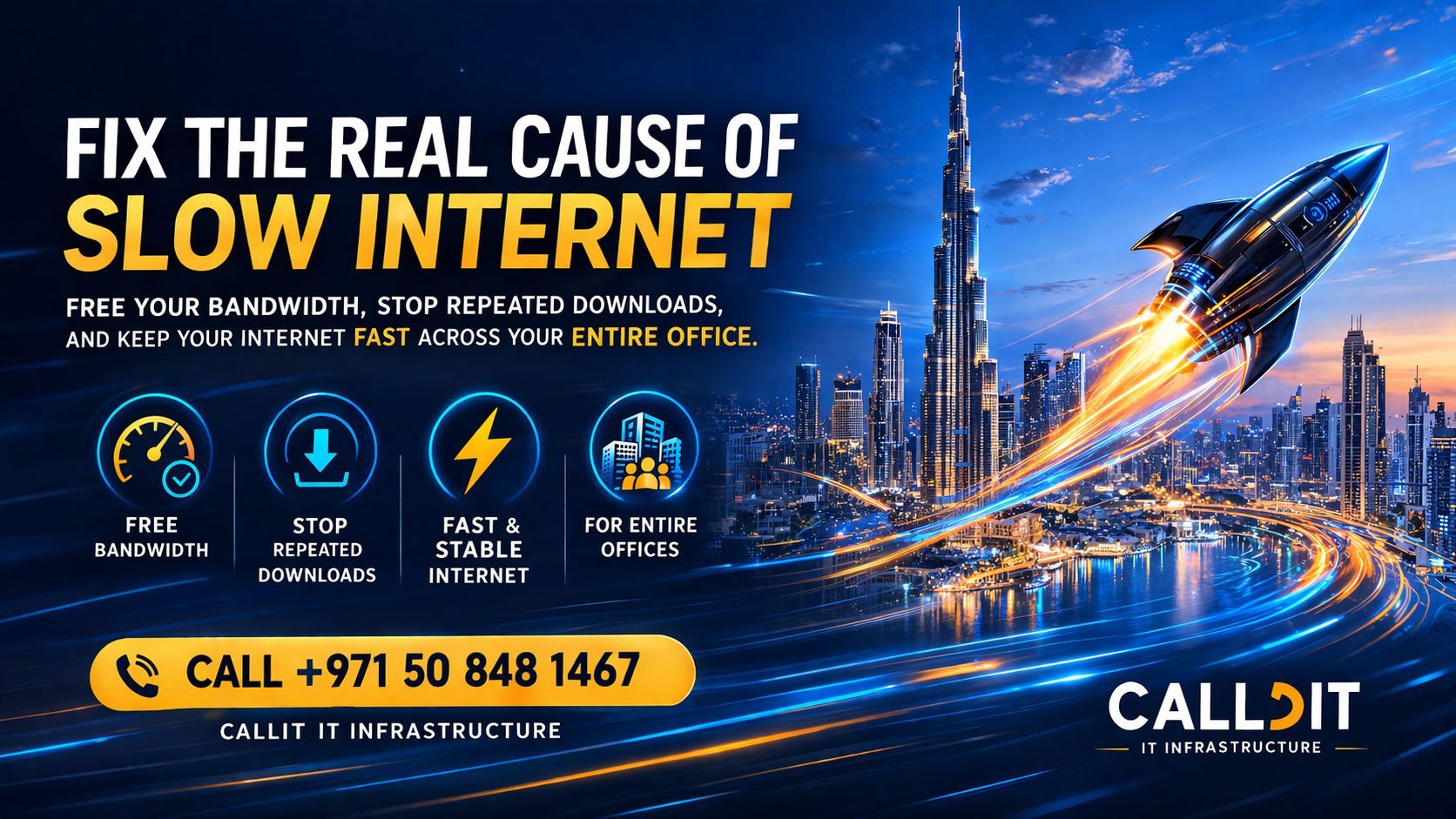 Slow internet solution in Dubai office showing fast bandwidth performance with rocket speed concept and improved internet stability for businesses