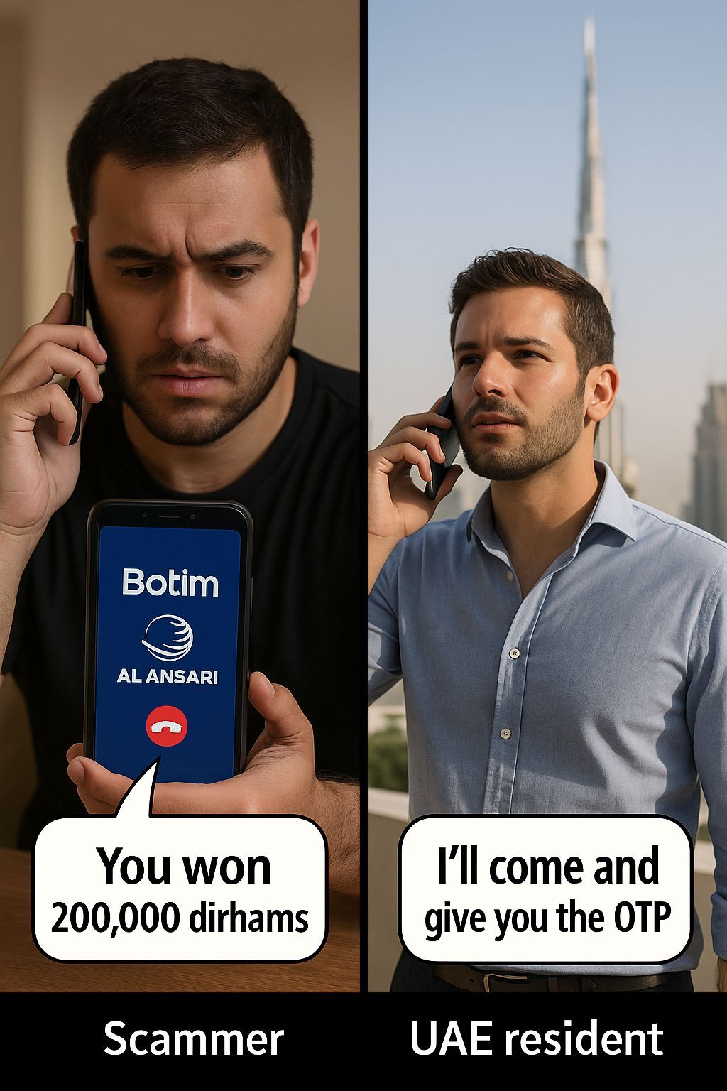 story image showing a Botim scammer impersonating Al Ansari calling a UAE resident with a fake 200,000 AED prize, created by CALLIT IT INFRASTRUCTURE to warn Dubai and UAE users about OTP fraud.