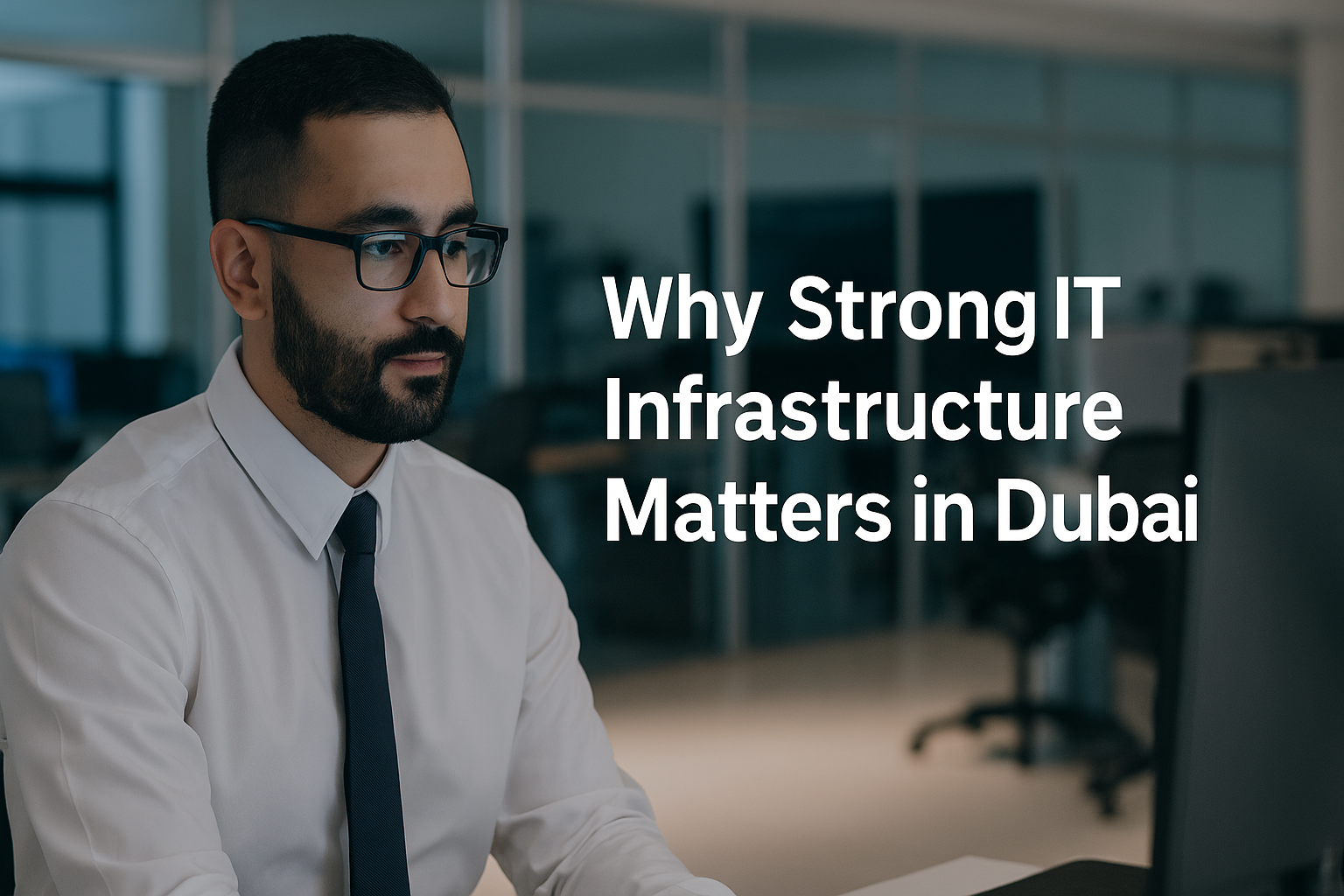 Middle Eastern IT professional working in a modern office, representing secure IT infrastructure in Dubai
