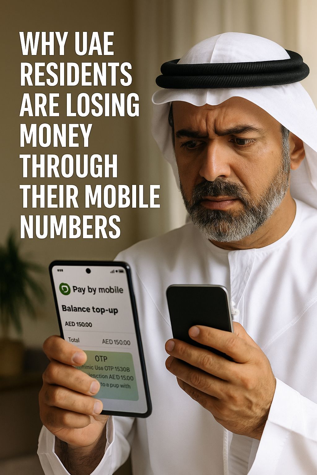 photo showing a UAE resident checking unexpected mobile balance top-ups and OTP alerts, illustrating how scammers exploit mobile numbers in Dubai; created by CALLIT IT INFRASTRUCTURE for fraud awareness.