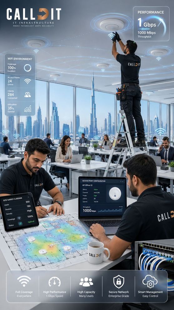 CALLIT IT INFRASTRUCTURE providing WiFi installation in Dubai by studying the business layout, coverage zones, user density, device count, roaming requirements, interference sources, access point placement, PoE cabling, SSID structure, guest network separation, security configuration, and testing for stable high performance wireless coverage