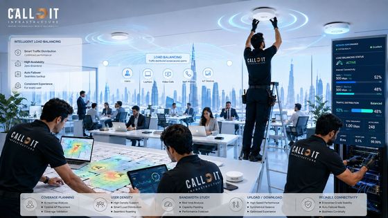 CALLIT IT INFRASTRUCTURE providing WiFi installation in Dubai with load balancing process, space coverage study, business layout analysis, user density planning, bandwidth study, upload and download requirements, access point placement, PoE cabling, backup internet failover, roaming optimization, and secure business WiFi performance