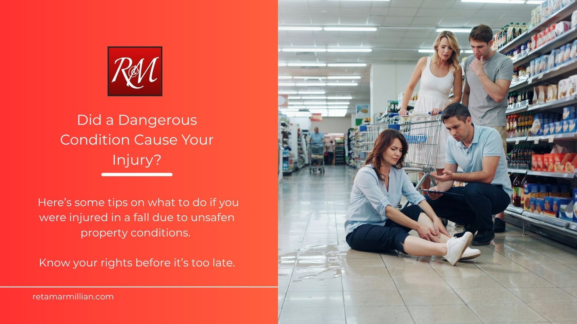 Red attorney  ad beside a family in a supermarket, showing a spill injury and cleanup scenetorey