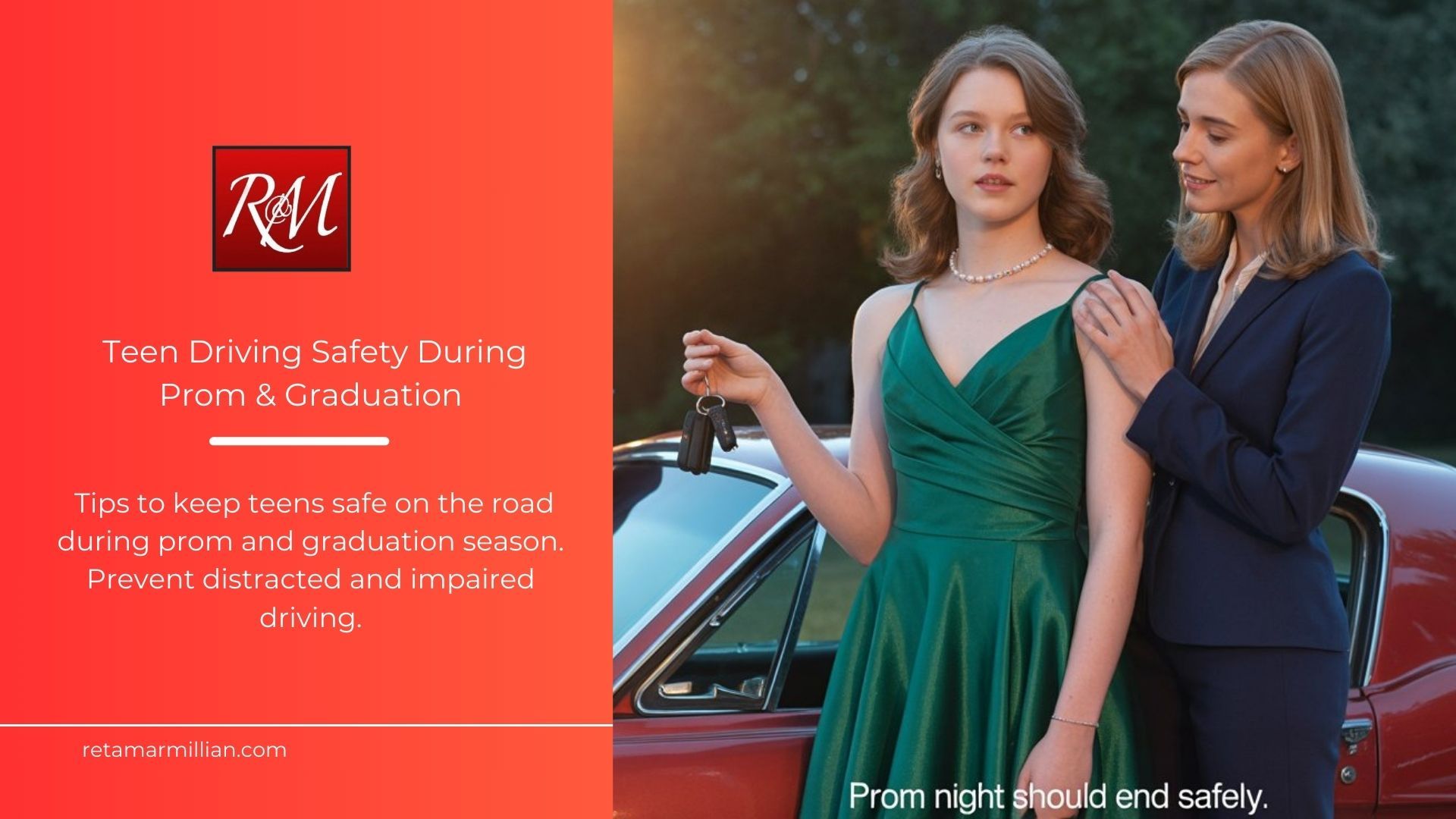 A woman in a green dress is standing next to another woman in a red car.
