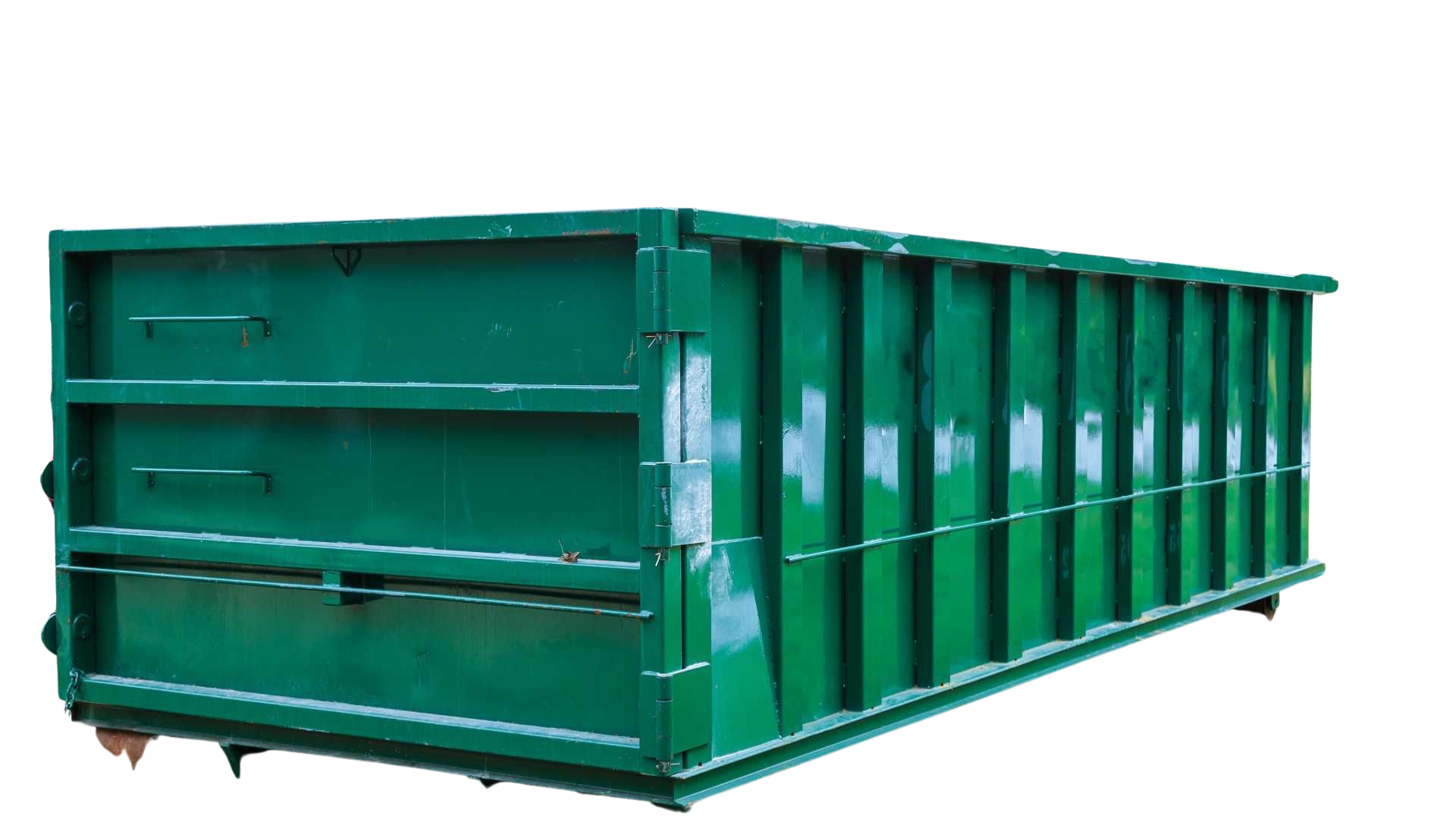 Green rectangular dumpster, likely for construction debris, against a white background.