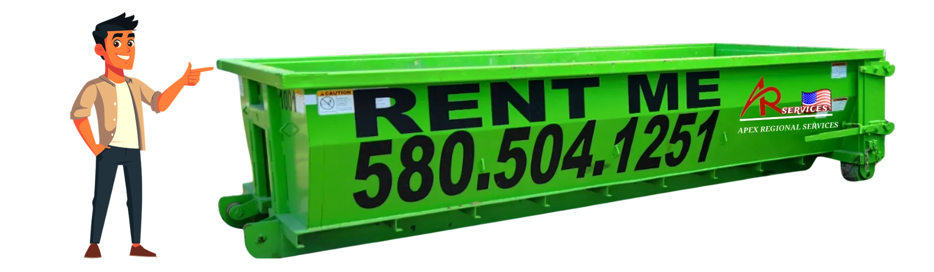 Man pointing at a green dumpster labeled