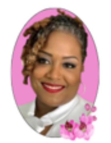 A woman is smiling in a pink oval with pink flowers in the background.