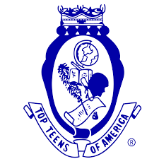 A blue and white logo for top teens of america