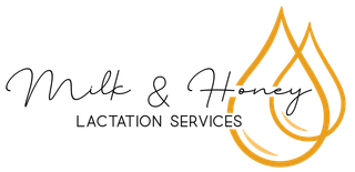 Logo for Milk & Honey Lactation Services: text and two golden teardrop shapes.