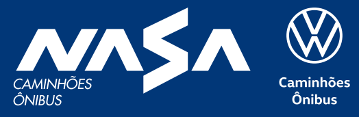 NASA and Volkswagen logos in white on a blue background. Text below both logos reads: Caminhões, Ônibus.