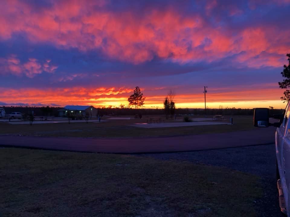 Sunset over a park with vibrant red and orange clouds. Dark silhouette of trees, buildings.