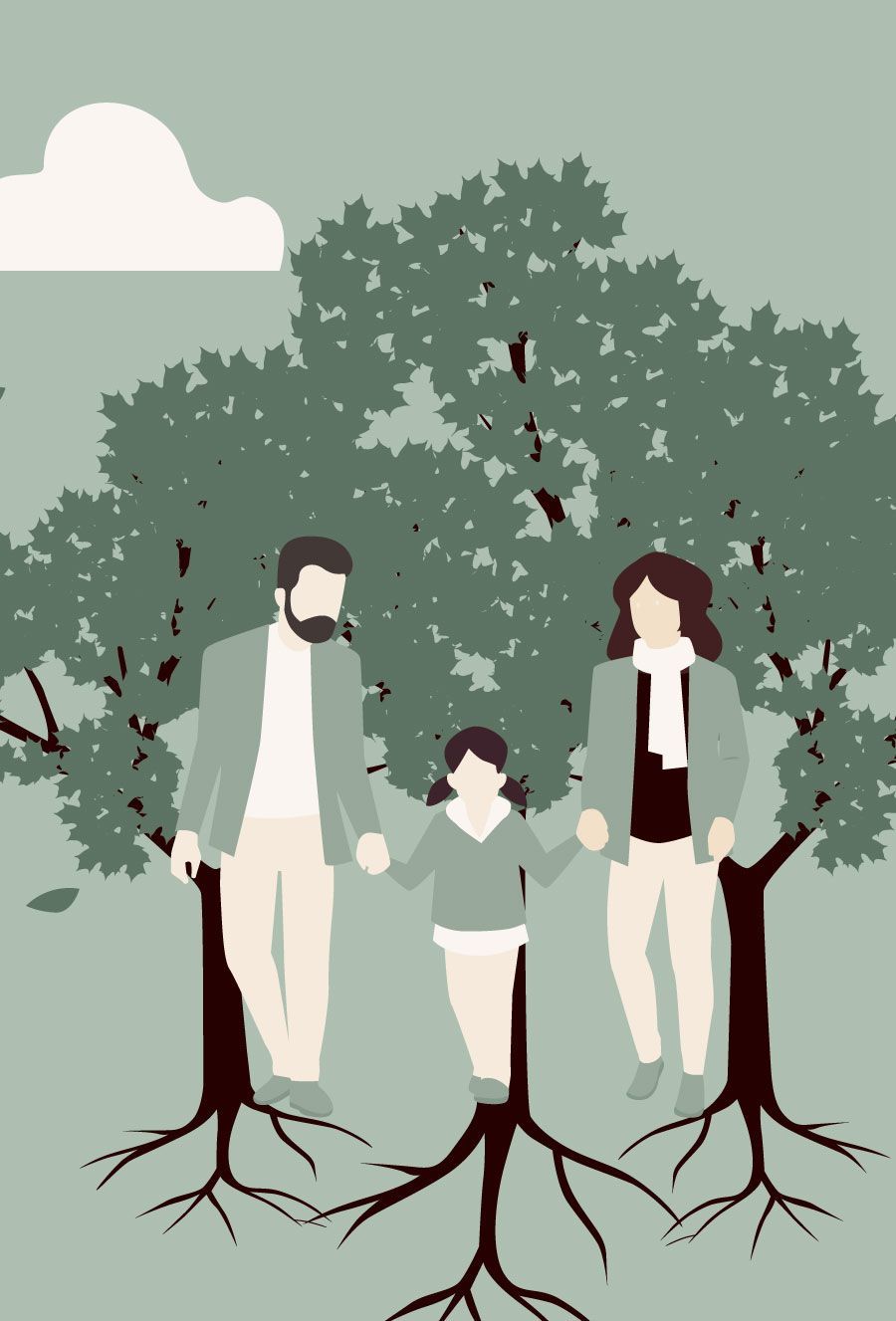 Eine Familie geht Händchen haltend einen Weg im Park entlang.
