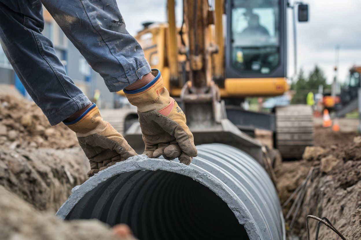 A man is operating an excavator on a construction site.