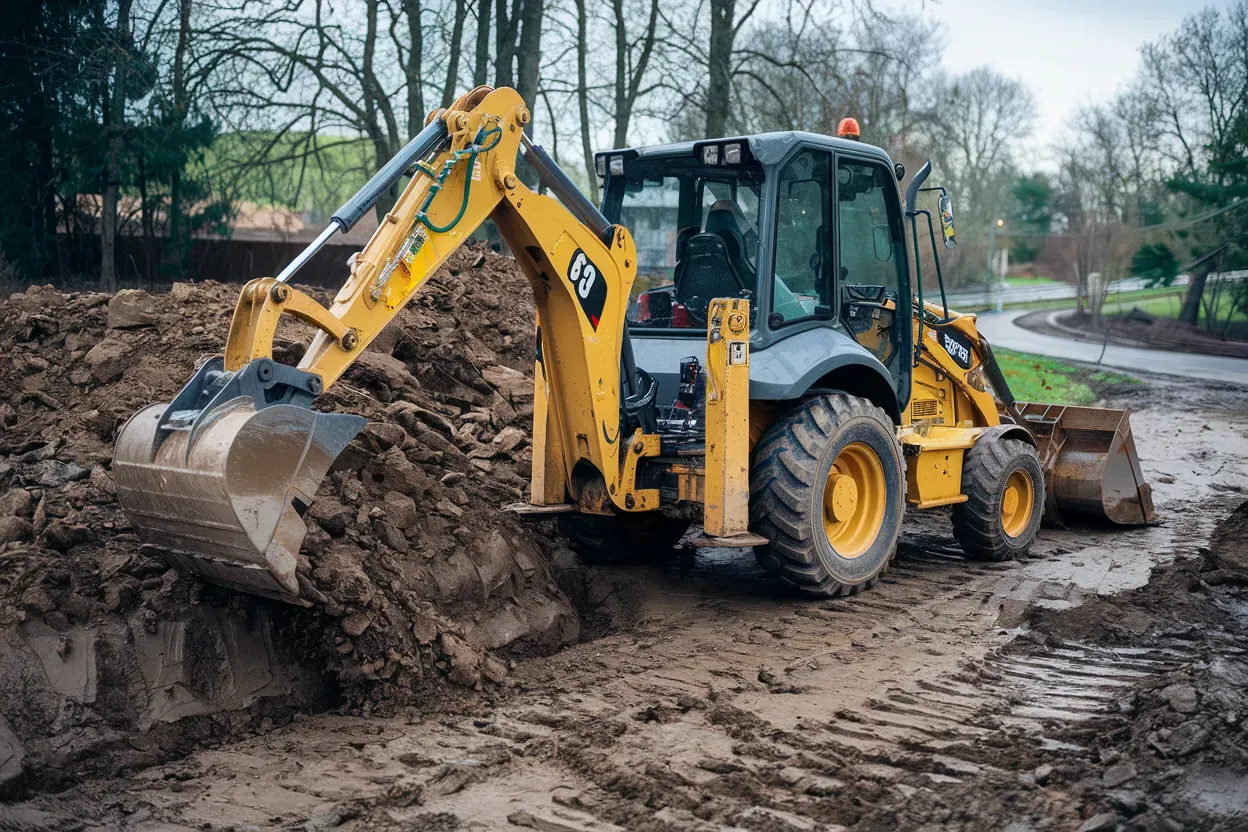 A person is operating an excavator on a construction site.