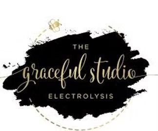 Logo for The Graceful Studio Electrollysis on a black brushstroke with gold and white script