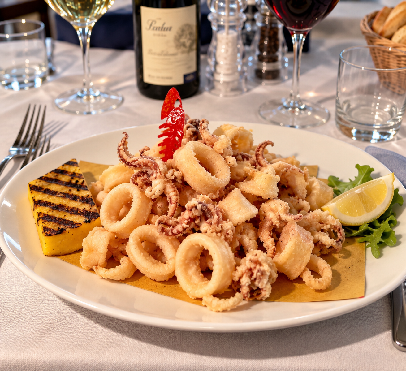 Calamarata, frutti di mare ed erbe aromatiche su un piatto bianco.