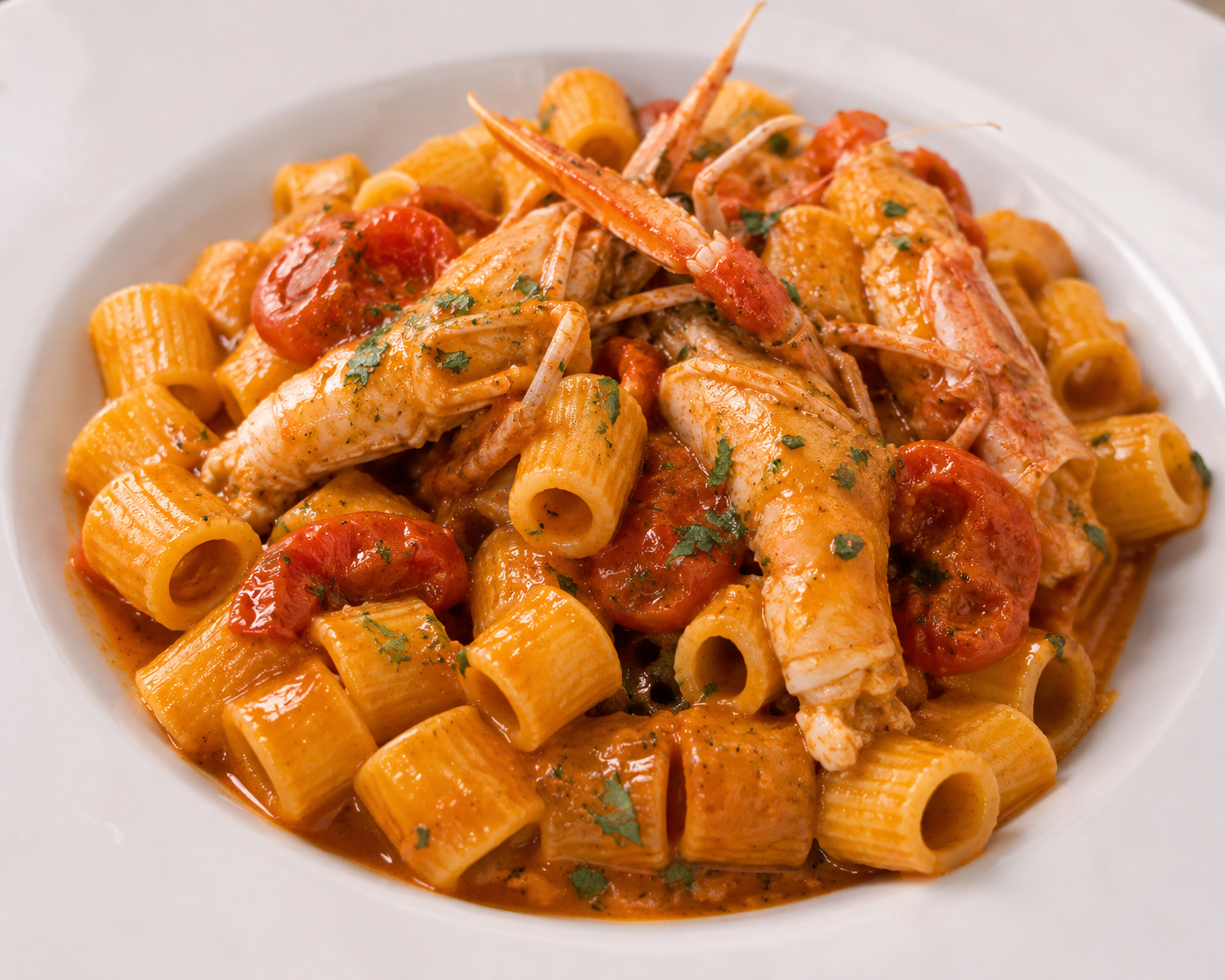 Rigatone alla busara con scampi e pomodorini e bisque di scampi
