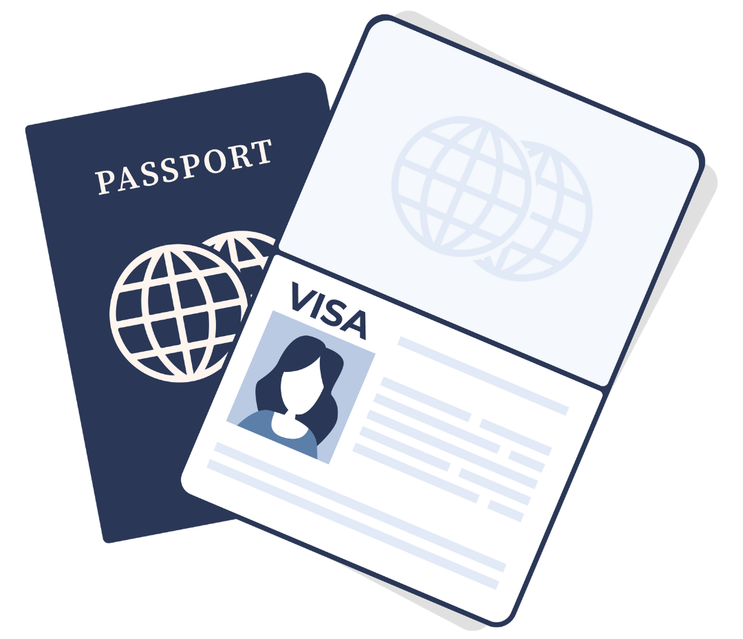 A dark blue passport behind an open travel visa document with an illustrated ID photo and a globe icon.