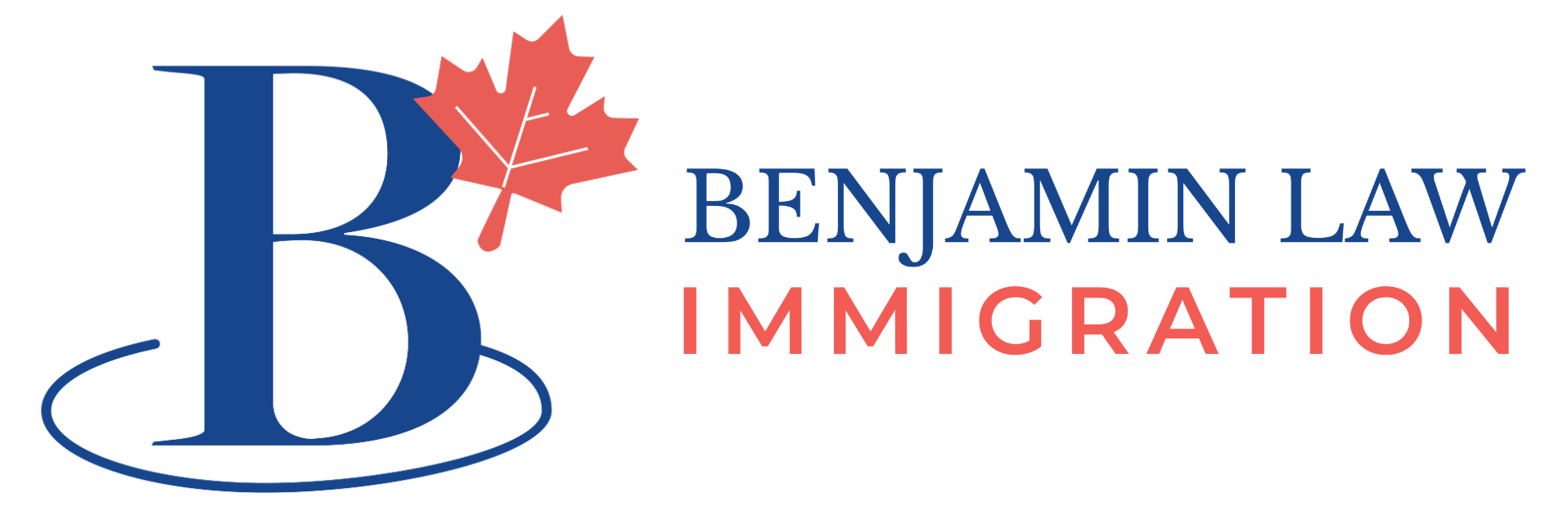 Logo for Benjamin Law Immigration featuring a blue letter B with a red maple leaf and a blue oval base.
