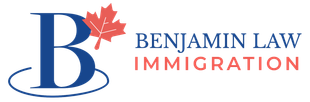 Logo for Benjamin Law Immigration featuring a blue letter B with a red maple leaf and a blue oval base.
