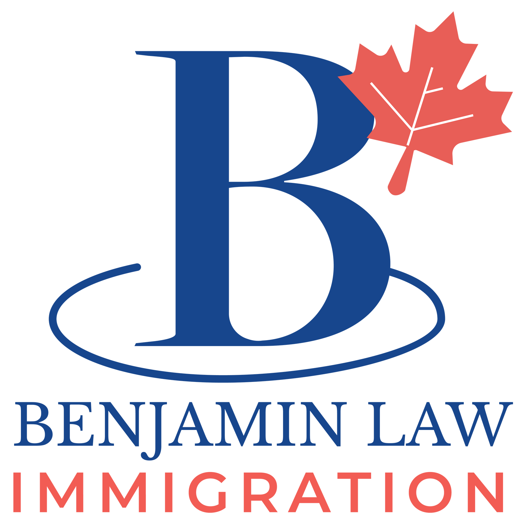Logo for Benjamin Law Immigration featuring a large blue letter B with a red maple leaf and an oval line underneath.