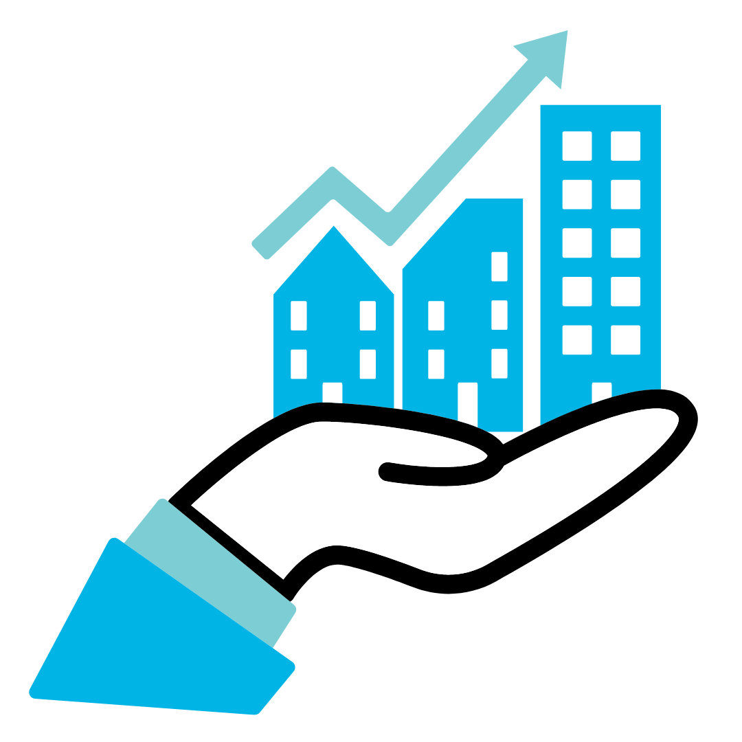 A stylized illustration of a hand holding three blue building silhouettes with an upward-trending arrow overlaid.