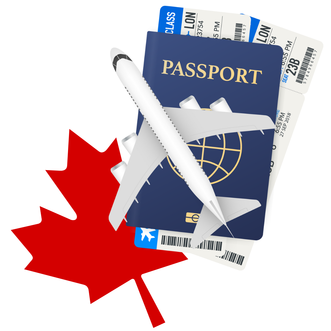 Canadian passport, airplane tickets, and toy airplane with a red maple leaf.