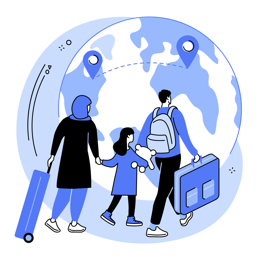 A family of three carries luggage in front of a blue world map with location pins, representing international travel.