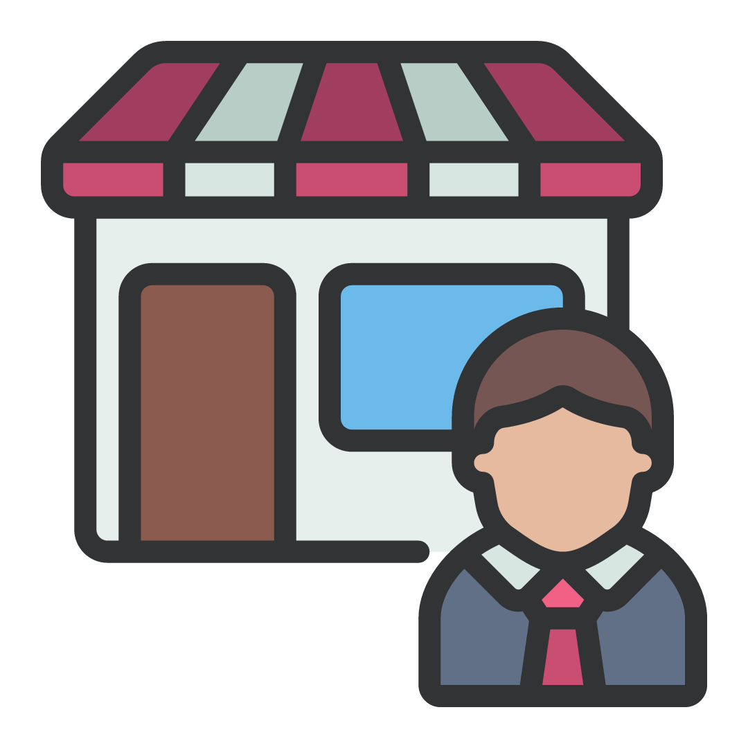 Storefront with a person in a suit.