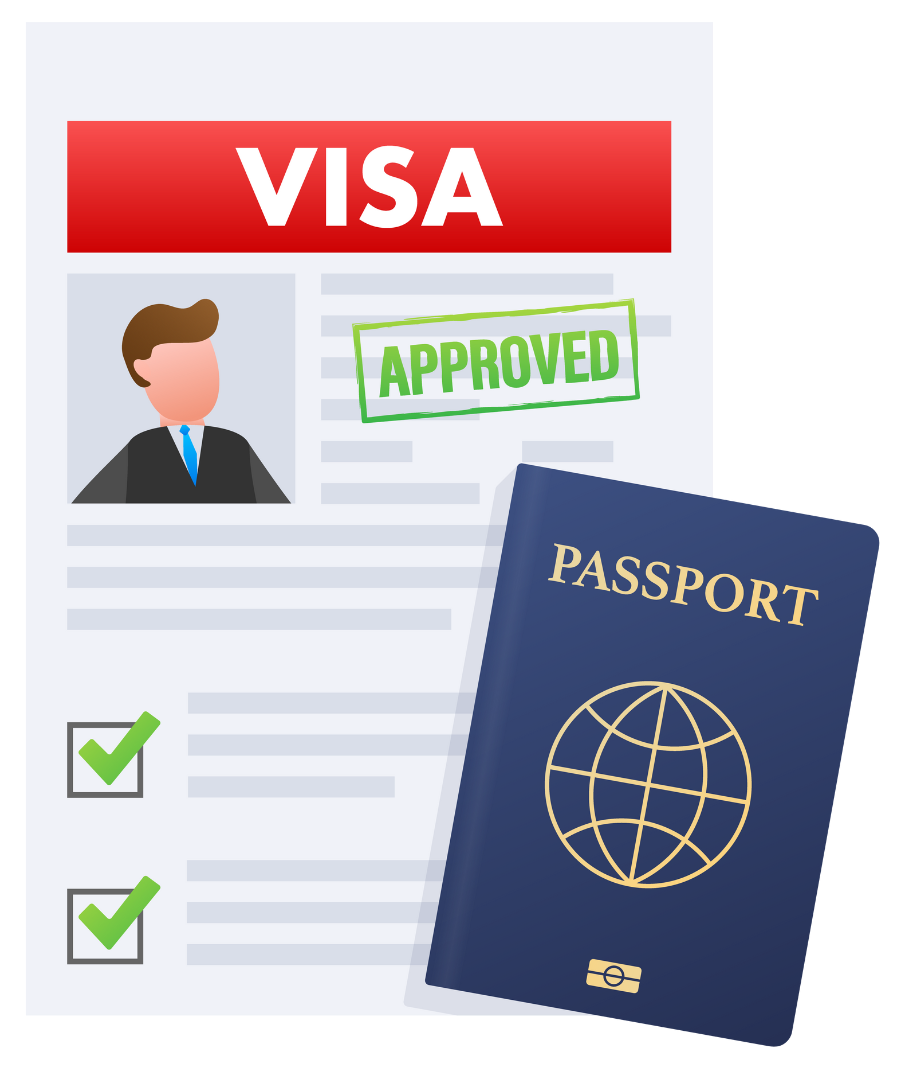 An approved visa document featuring a person's avatar next to a blue passport with a gold globe emblem.