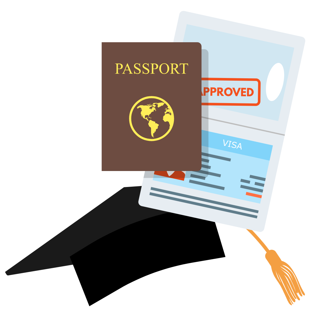 A brown passport and an approved visa document placed next to a black graduation cap with a gold tassel.