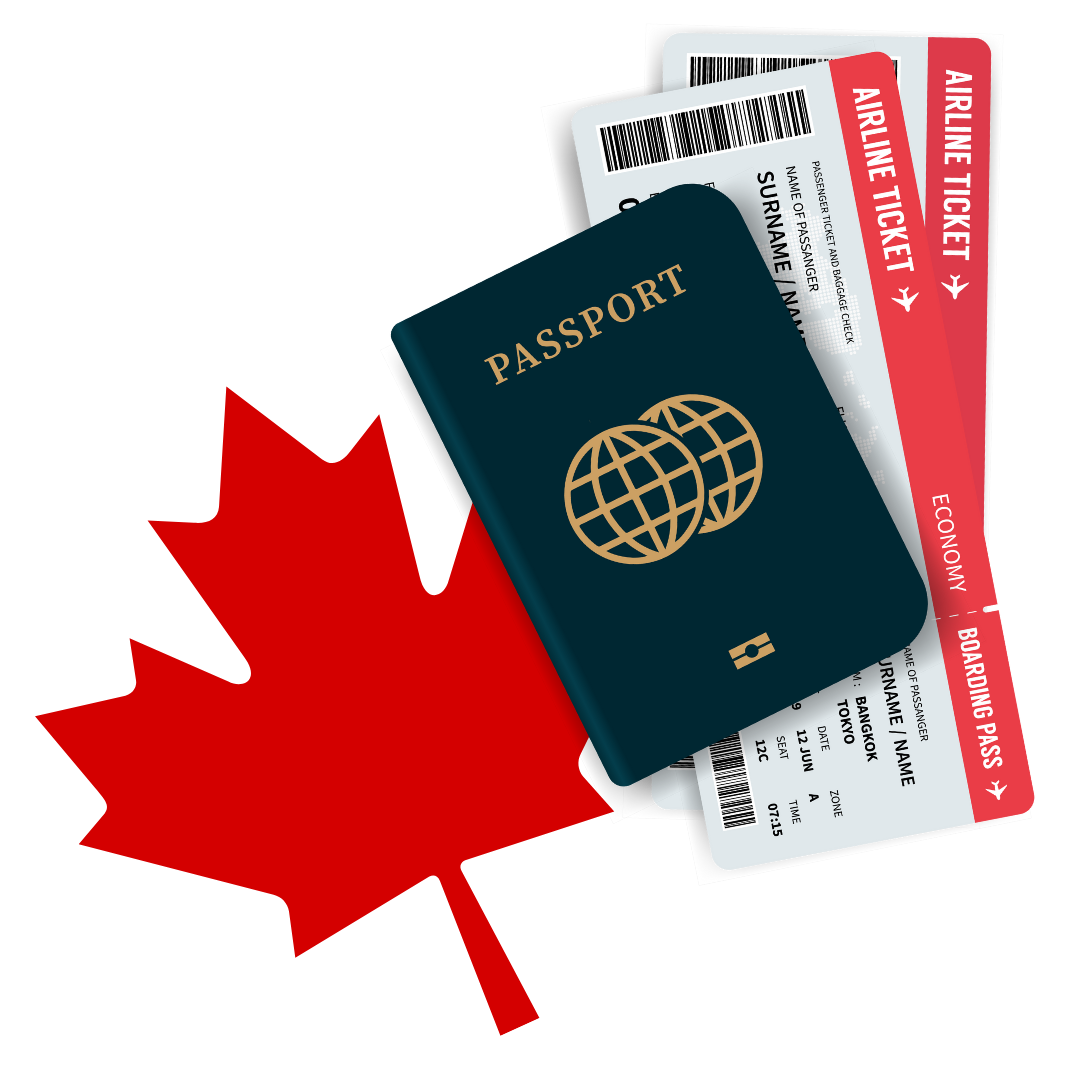 Canadian passport and airline tickets with a red maple leaf.