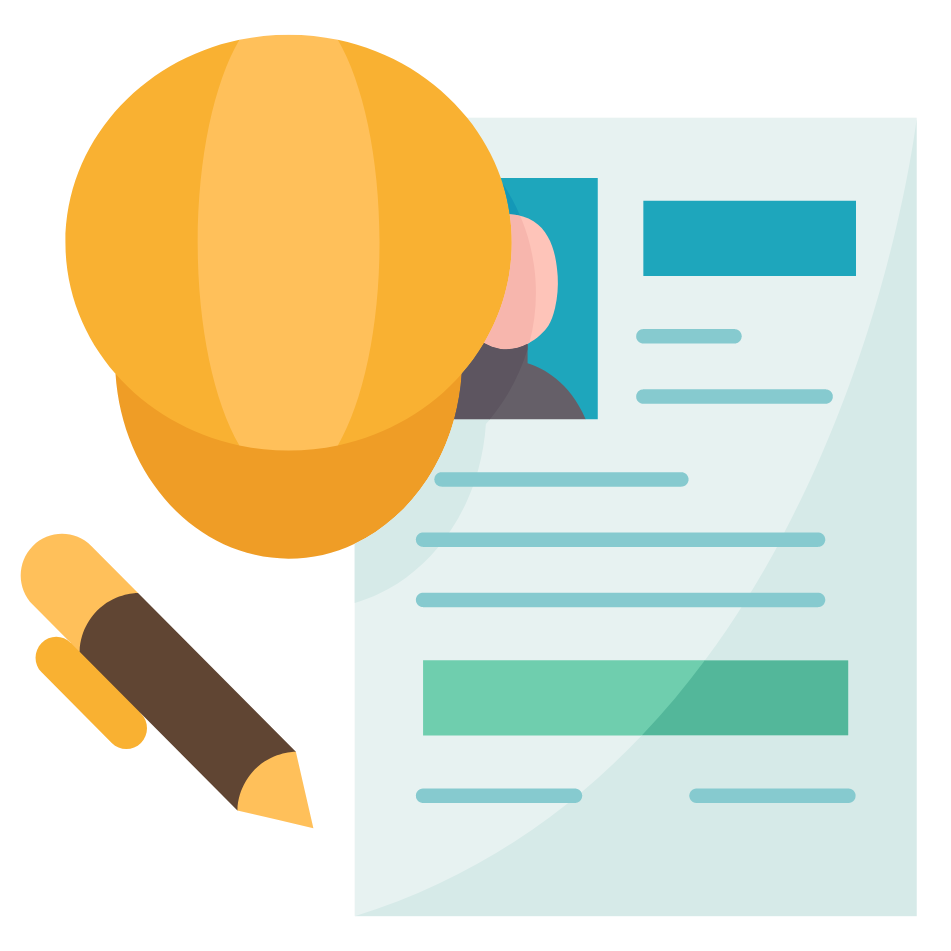 A yellow hard hat rests on a document containing a headshot and text, accompanied by a pen.