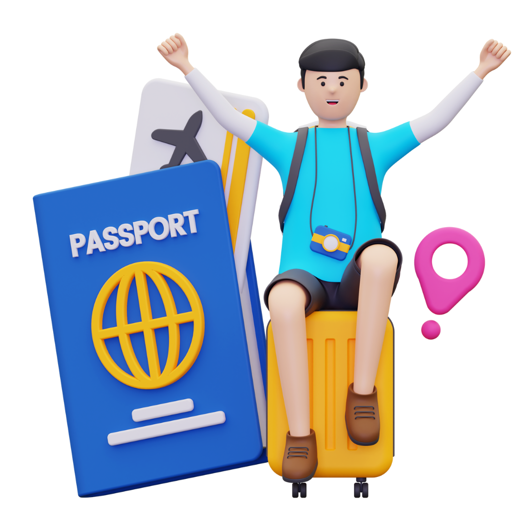 A 3D character sits excitedly on a yellow suitcase next to a large blue passport and a travel ticket.
